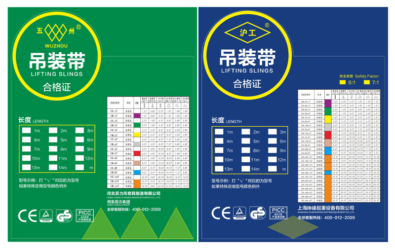 五洲、沪工吊装带合格证